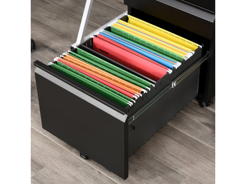  Caisson de bureau à roulettes 39 x 48 x 60 cm noir en acier, 3 tiroirs verrouillables pour dossiers  - Conforama D