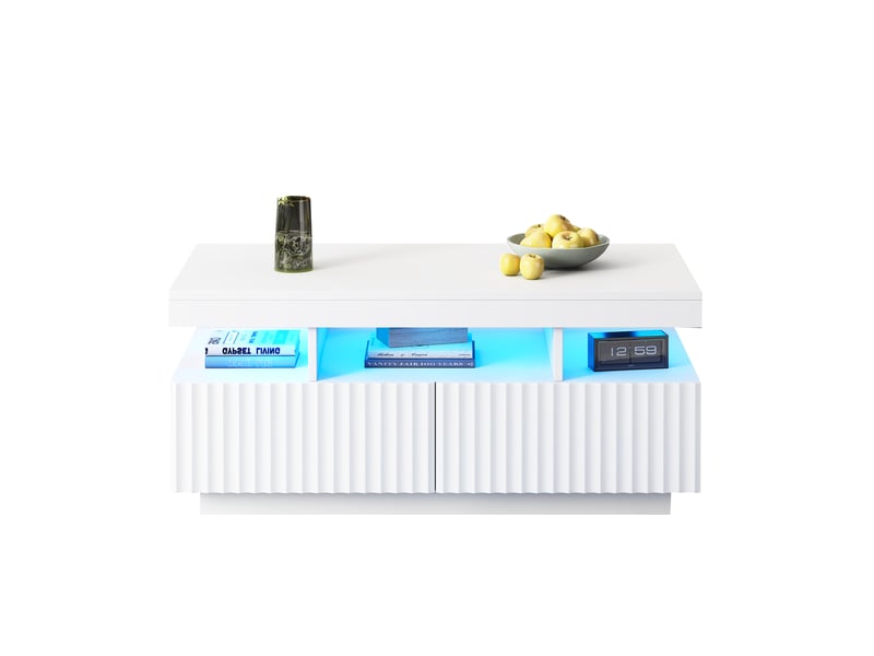  Table basse 100 x 50 x 45 cm avec deux tiroirs, à rayures verticales, thermoformée, table de salon, table basse avec bande lumineuse led, blanche  - Conforama A