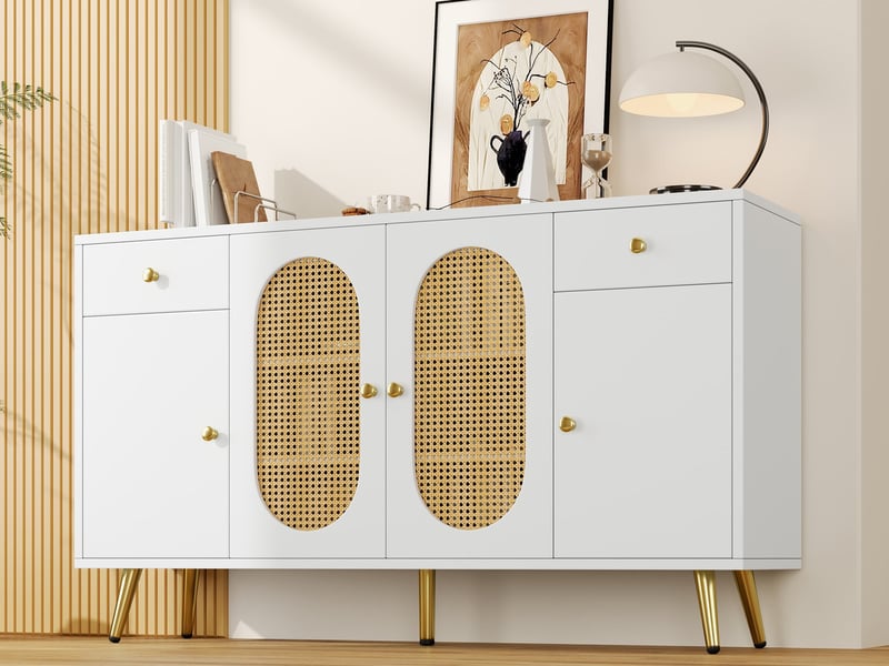  Commode 2 tiroirs et 4 portes, étagères réglables en hauteur, l140 x p35 x h82 cm, coloris blanc et tons naturels  - Conforama B