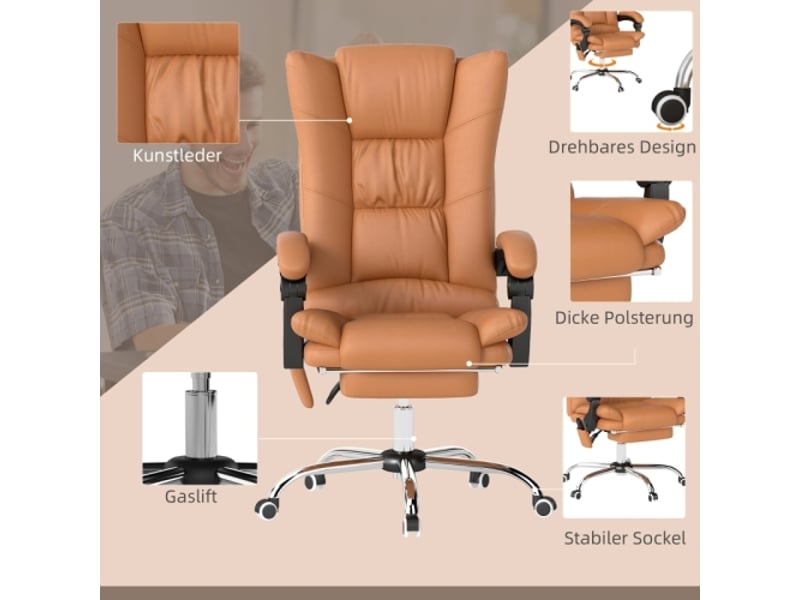 Chaise de bureau massante, chauffante, inclinable, réglable en hauteur, marron clair - Conforama D