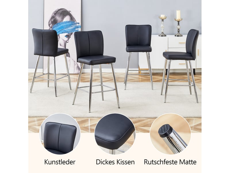  Tabouret de bar lot de 2 avec dossier ergonomique et repose-pieds, en pu et métal, noir et argent  - Conforama E