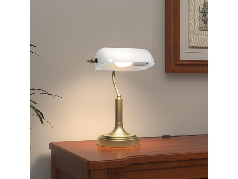  Lampe de bureau de banquier avec abat-jour réglable et interrupteur à bascule pour bureaubibliothèque, blanche  - Conforama C