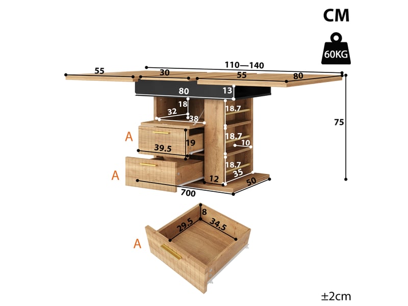  Table à manger extensible 110-140x80x75cm effet bois, 2 tiroirs, étagère latérale à 3 niches ouvertes et poignées dorées, au quotidien, modulable  - Conforama D