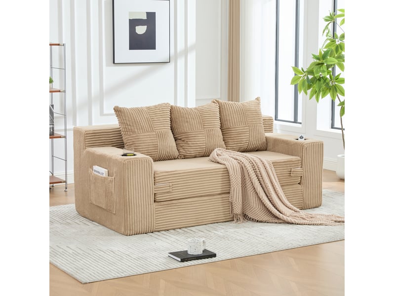  Canapé modulable 3 places modenvie en velours côtelé kaki avec porte-gobelets et poches latérales  - Conforama E