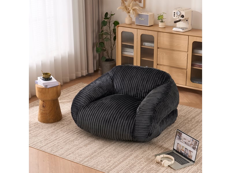  Fauteuil pouf avec dossier enveloppant et garnissage en mousse haute densité pour salon en velours côtelé gris foncé  - Conforama B