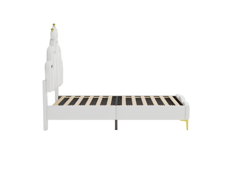 Lit enfant 1 place 90x200 cm, lit princesse simple, led, tête de lit en forme de couronne, mdf, similicuir pu blanc - Conforama E