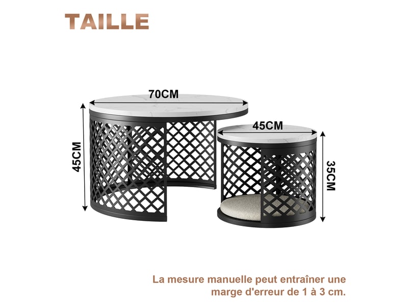  Tables basses gigognes ulevr rondes avec espace pour animal de compagnie, mdf et métal, blanc, 70 et 45 cm  - Conforama C