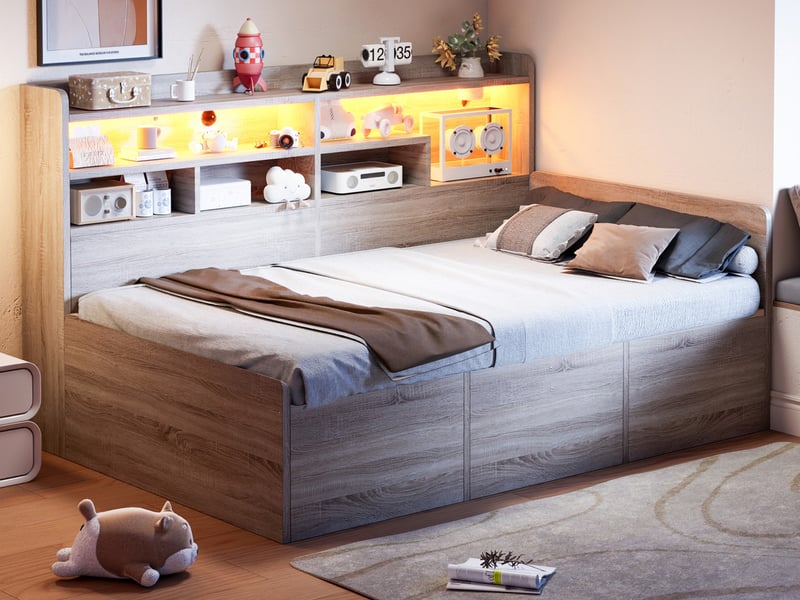  Canapé-lit en bois, 90 x 200 cm, avec espace de rangement à ouverture hydraulique et éclairage led, coloris bois LDF00752AAN - Conforama B