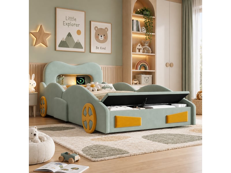 Lit enfant 90x200 cm vert, design voiture, revêtement flanelle, lumière de lecture, port de charge, coffre au pied - Conforama W