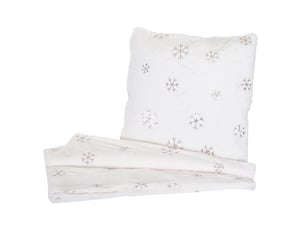 Set couverture + coussin de décoration, neige, duveteux avec bourrage, pailleté