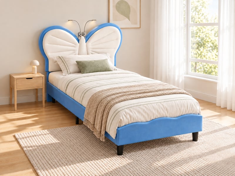 Lit enfant fille 90x200 cm en velours, tête de lit réglable en hauteur avec liseuses intégrées, lit princesse pour fille avec sommier à lattes, lit simple rembourré 90x200, bleu - Conforama B
