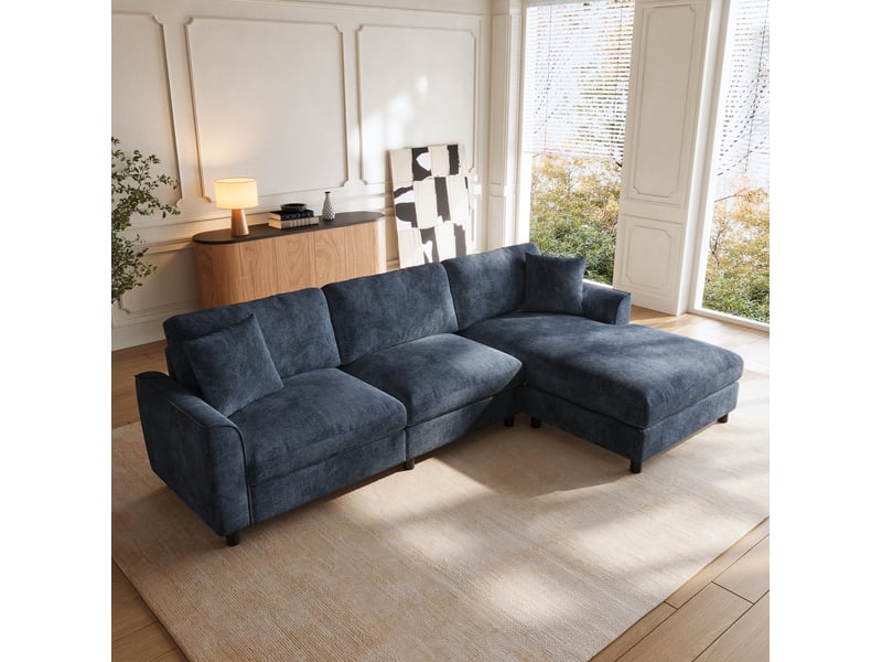  Canapé d'angle 3 places 256x137x79 cm avec méridienne réversible modulaire en chenille bleu marine  - Conforama D