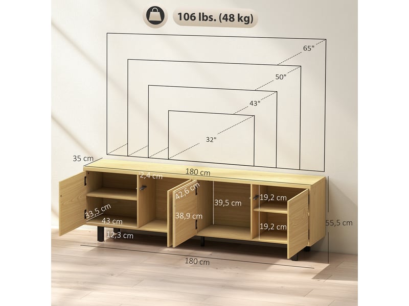  Meuble tv 180 cm, meuble télé pour 82 pouces avec 4 portes à ouverture par pression bois naturel 180x35x55,5cm  - Conforama C