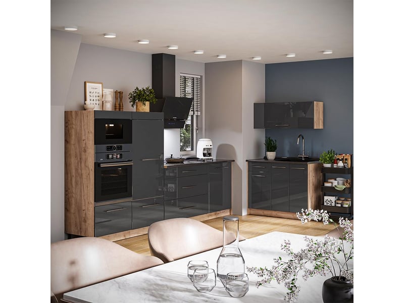  Vicco cuisine, anthracite haute brillancechêne de force doré, 380cm, pt anthracite  - Conforama C