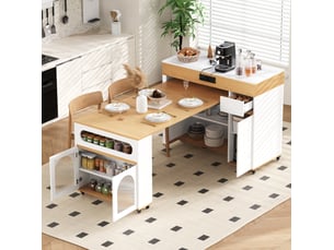Desserte de cuisine extensible sur roulettes avec 3 portes, 1 tiroir, prises et vitres pour cuisine et salle à manger