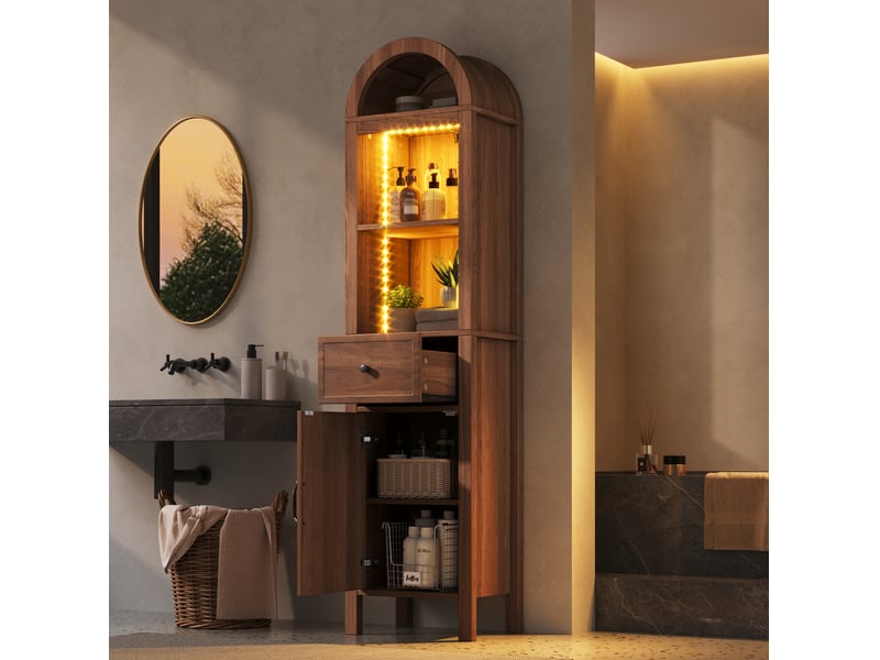  Colonne de salle de bain 163x40x30 cm, finition noyer en panneaux mdf, éclairage led rgb avec app, plateau arqué, porte réversible et tiroir à fermeture magnétique  - Conforama D