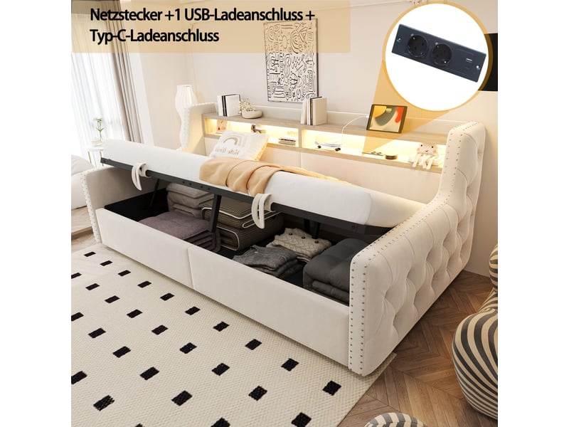  Lit coffre 90x200, rangement hydraulique lit une personne, velours doux, led intégrée, ports usb type-c, sommier inclus, beige  - Conforama D