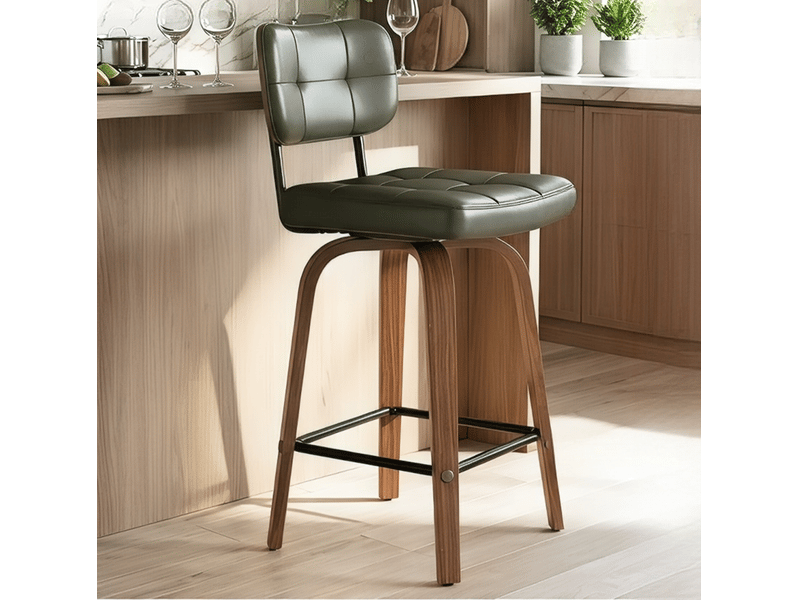  Tabouret de bar pivotant avec dossier ergonomique et revêtement pu, style scandinave en bois et métal vert  - Conforama C