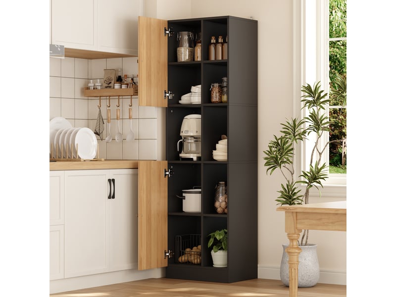 Meuble d'angle avec 2 portes, 6 niches et étagères réglables, pour cuisine, noir et naturel, 50 × 35,5 × 170 cm - Conforama B
