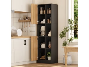 Meuble d'angle avec 2 portes, 6 niches et étagères réglables, pour cuisine, noir et naturel, 50 × 35,5 × 170 cm