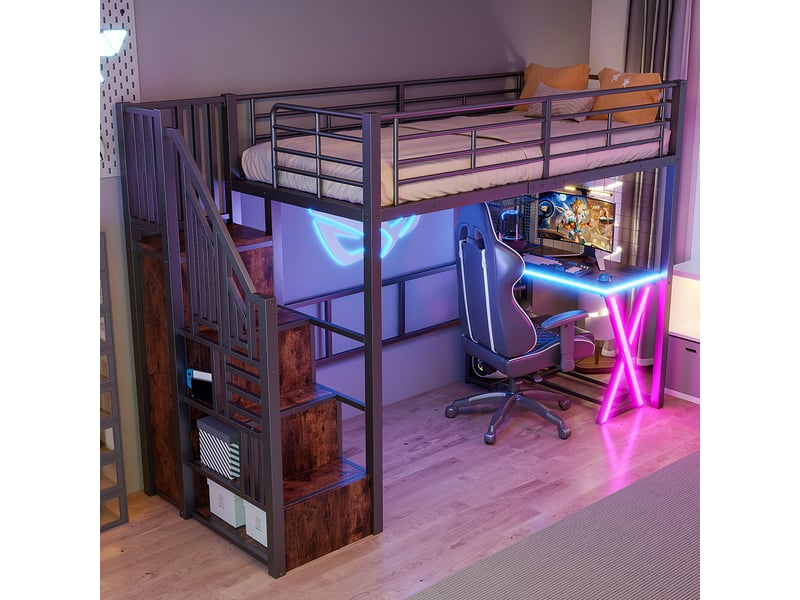  Lit mezzanine 90x200 cm avec éclairage led et échelle de rangement, lit enfant avec bureau et armoire et étagères, noir, métal  - Conforama E