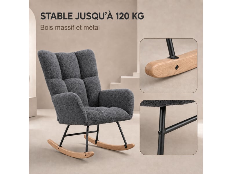  Fauteuil à bascule teddy gris, fauteuil rocking-chair ergonomique avec dossier haut et accoudoirs rembourrés, base en bois massif, chaise de relaxation pour salon, chambre et chambre bébé  - Conforama C