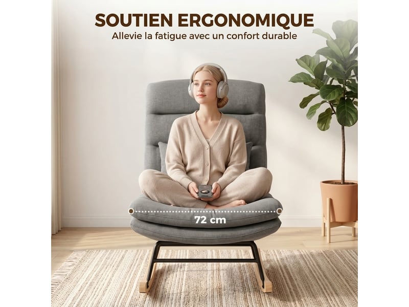  Fauteuil à bascule gris clair avec dossier haut 74 cm et assise large 72 cm, revêtement aspect lin  - Conforama W