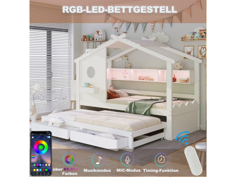 Lit enfant cabane gigogne 90 × 200 cm avec tiroirs, étagères, éclairage led, ports usb et type-c en bois blanc - Conforama E
