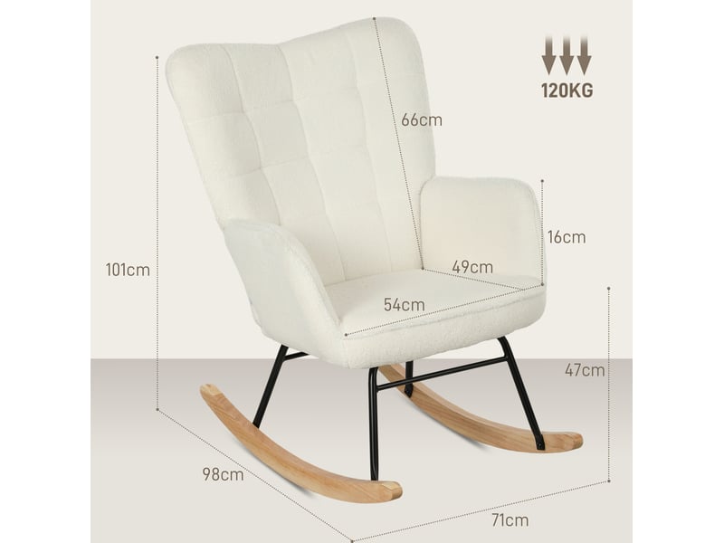  Fauteuil à bascule rembourré avec accoudoirs et dossier haut, en polyester aspect bouclette blanc, 98 × 71 × 101 cm  - Conforama D