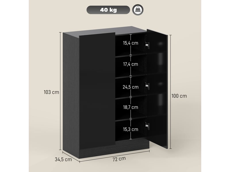  Meuble à chaussures 20 paires armoire à chaussures à haute brillance 5 niveaux étagères réglables 72x34,5x103cm noir  - Conforama D