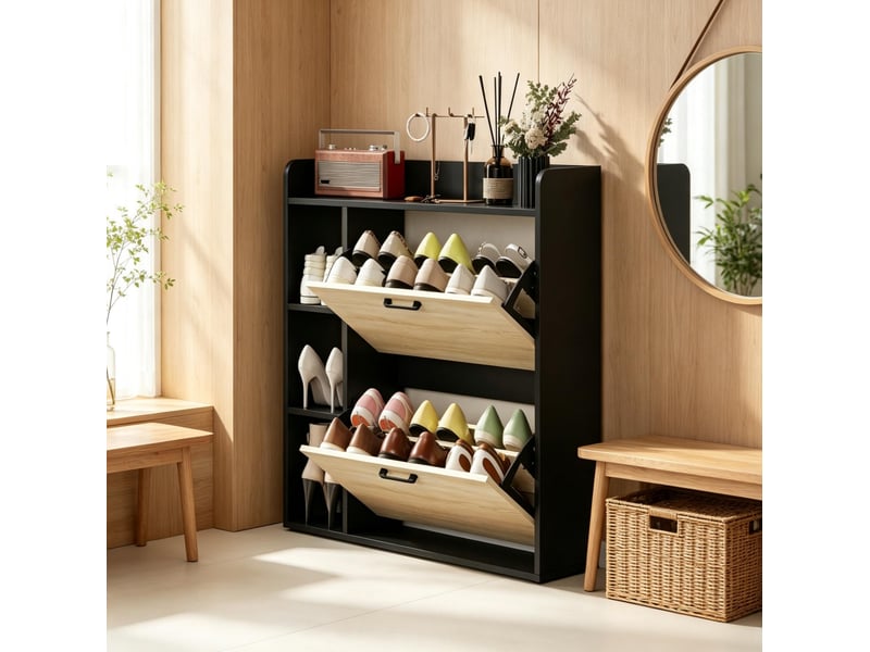  Meuble à chaussures bicolore 15 paires, 2 portes abattantes et rangements ouverts pour une entrée ordonnée  - Conforama B