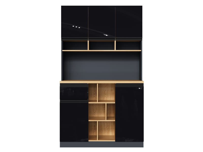  Buffet gris et noir, poignées en métal, 105x45x185 cm, façades brillantes, tiroir, niches et étagères réglables pour cuisine  - Conforama B
