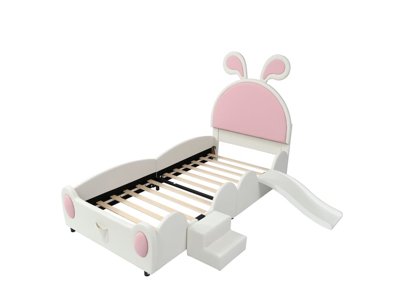  Lit capitonné, lit simple avec petit escalier et toboggan pour enfants, tête de lit à oreilles de lapin, sommier à lattes en bois, pu, blanc et rose, 90 x 200 cm  - Conforama E