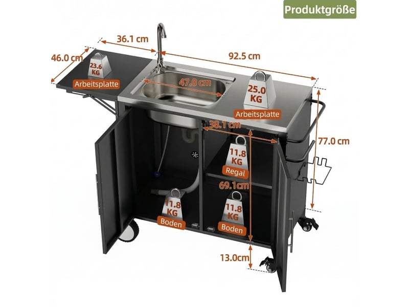  Chariot barbecue avec évier, plan de travail rabattable, armoire de rangement et roulettes pour jardin en métal noir  - Conforama C