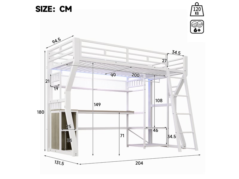  Lit mezzanine 90 × 200 cm 1 place avec bureau, prise, éclairage réglable et étagères, sans matelas, blanc  - Conforama D