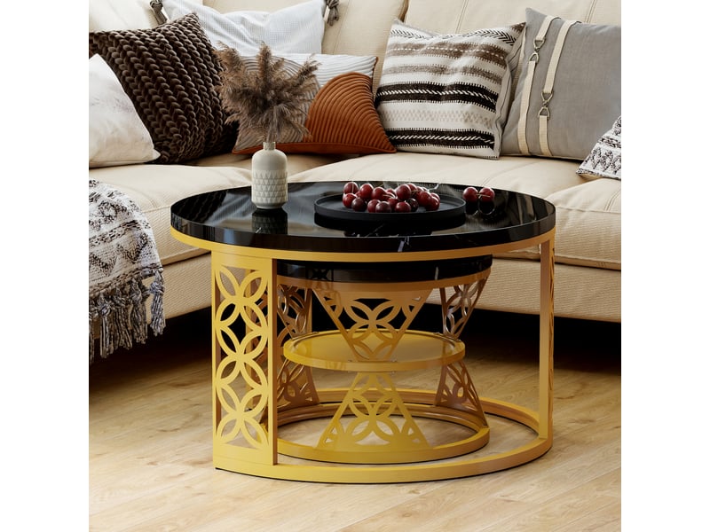  Tables basses gigognes lot de 2 avec pieds réglables et base antidérapante, plateau effet marbre noir, salon  - Conforama C