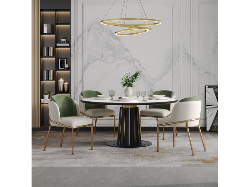  Lot de 6 chaises de salle à manger avec dossier ergonomique et patins réglables, en similicuir pvc vert, beige et doré  - Conforama D