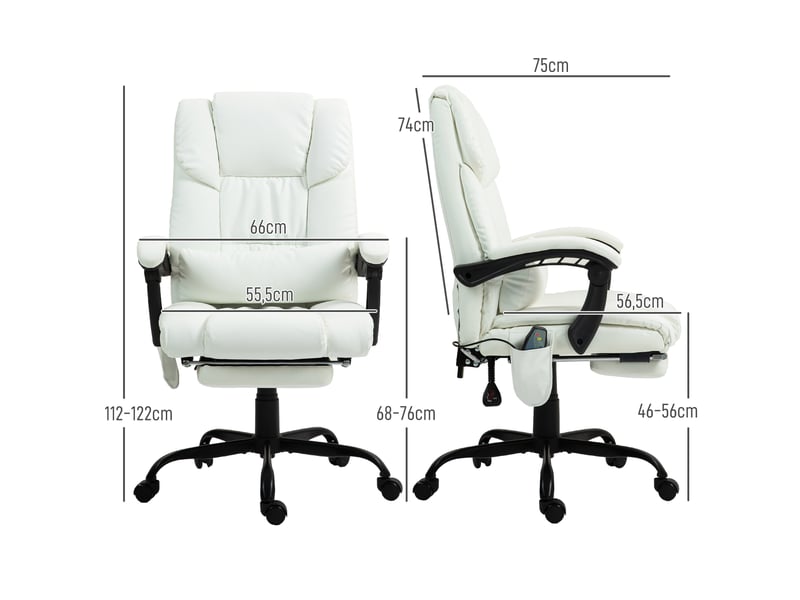 Chaise de bureau massante à 6 points blanche, dossier inclinable à 130° et repose-pieds - Conforama E