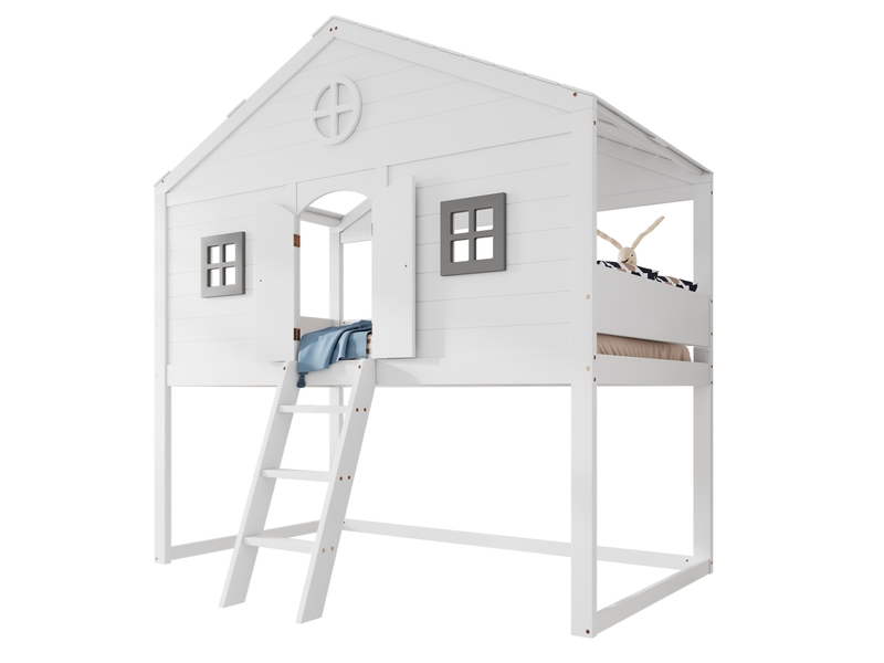  Lit mezzanine 90x200cm, lit cabane avec 2 fenêtres, porte, escalier et sommier, pin+mdf blanc, sans matelas  - Conforama A