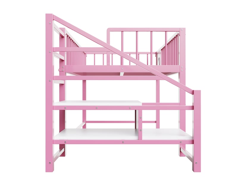  Lit mezzanine bas rose avec échelle de rangement, lit enfant 90x200 cm en métal robuste pour chambre fille, capacité 120 kg.  - Conforama E