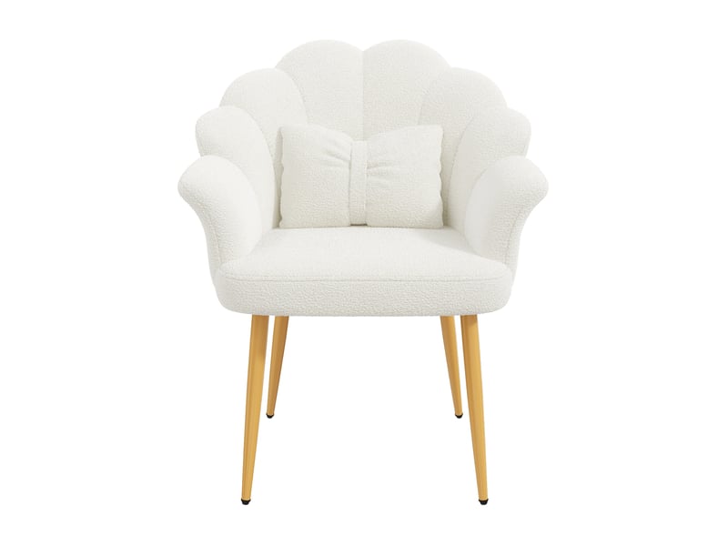  Fauteuil rembourré avec accoudoirs, coussin fleur et pieds métalliques, en tissu bouclette blanc, 64 × 65,5 × 85 cm  - Conforama E