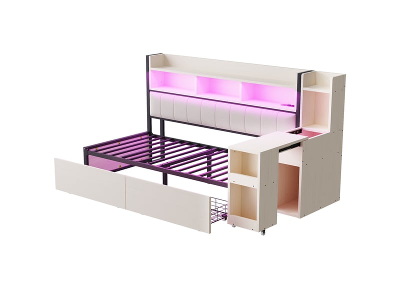  Lit simple 90x200 cm avec bureau amovible et armoires, blanc, sans matelas  - Conforama R