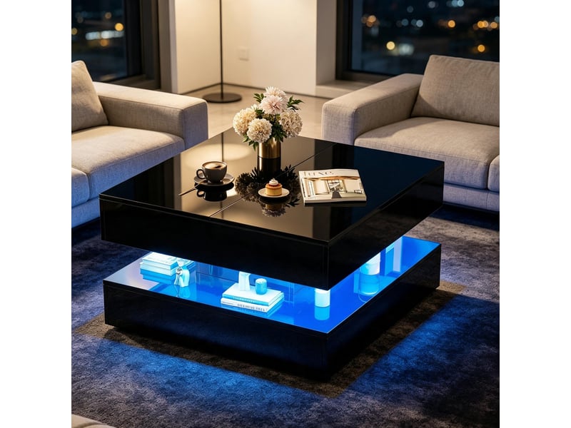  Table basse noire laquée – led rgb –  2 tiroirs push‑open –  design moderne  - Conforama B