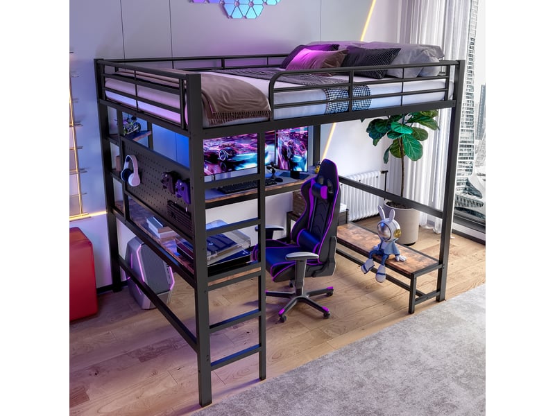  Lit mezzanine 140x200cm coloris noir led métal lit enfant noir - Conforama E