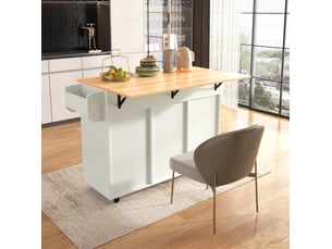 Desserte de cuisine 139x46 cm blanche avec plateau pliant, rangement et roulettes