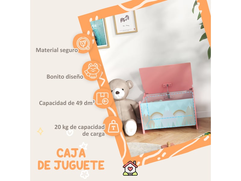 Coffres à jouets pour enfants de 3 à 8 ans, boîtes de rangement avec 2 poignées et motif renard, 60 x 37 x 39 cm, rose - Conforama E