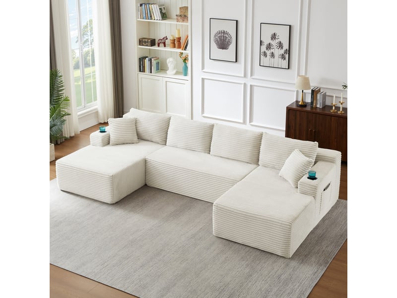 Canapé d'angle modulable en u canapé 4 places canapé compressé en velours côtelé avec porte-gobelets poches latérales, beige - Conforama C