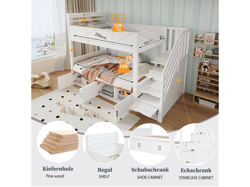  Lit superposé, lit enfant 90x200 cm, escalier de rangement, bois massif blanc, barrière antichute  - Conforama W
