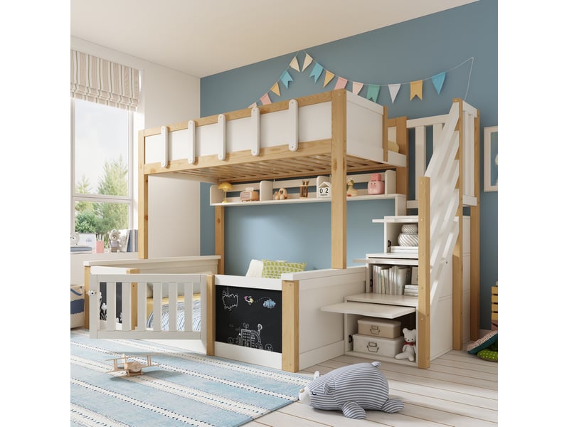 Lit superposé 90x200 et 140x200 cm, rangement, blanc et bois naturel - Conforama D