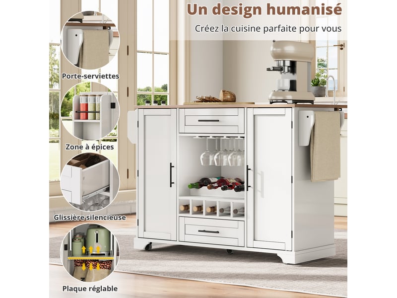  Desserte de cuisine 138 x 4570 x 92 cm blanc et naturel, en mdf, plateau rabattable sur roulettes  - Conforama E